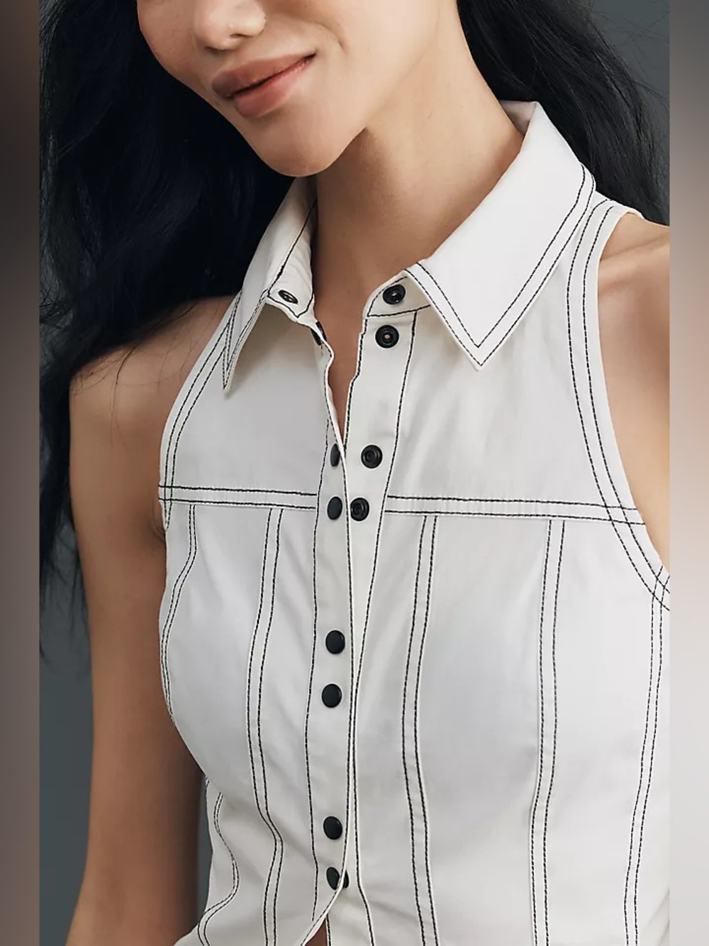 Pilcro White Halter Button-Front Top with Black Contrast Stitching - Picture 2 of 4
